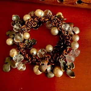 Burnished Copper Tone Pearl and Charm Bracelet